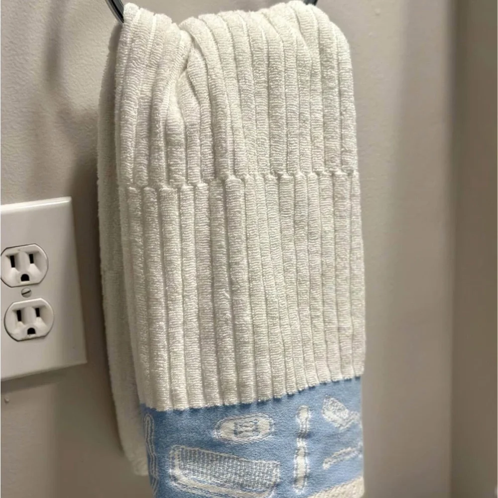 IKEA Ribbed Hand Towels – White with Blue Toiletry Print Trim (Set of 2)